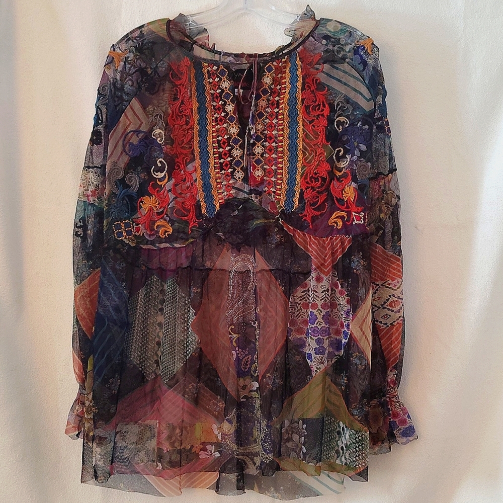 Johnny Was Biya Ilyana Mesh Embroidered Blouse Boho Chic B11323. Size S - Picture 3 of 16